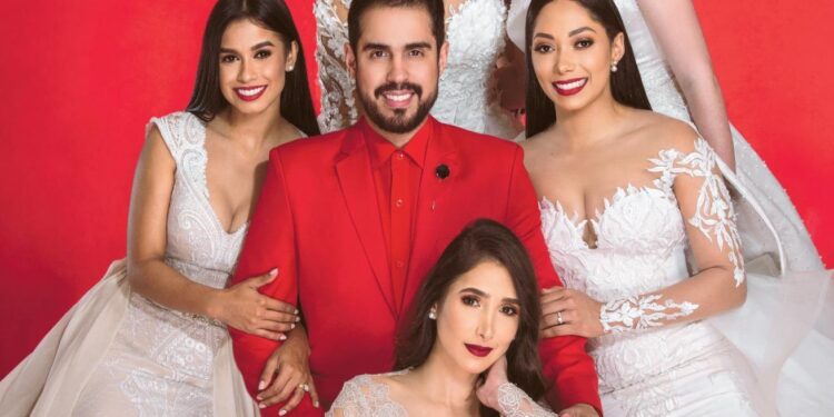 Luis Domínguez diseñador dominicano, vestido de novia Tania Medina, moda nupcial República Dominicana, diseño dominicano internacional, flor dalia simbolismo, Joselo Franjul estilista dominicano